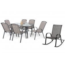 Металеві садові меблі Sevilla 150 см Atlanta Grey / Beige Striped 6+1 з кріслом Sevilla Black / Grey Melange