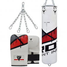 RDX F7 4ft / 5ft 3-in-1 Ego White / Red Training Punch Bag with Mitts Set - Filled / 5 ft